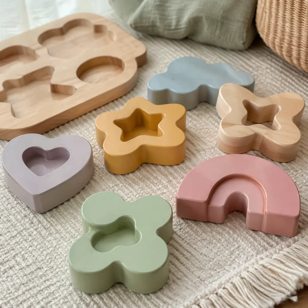 Chunky wooden puzzle pieces designed for babies on a soft play mat