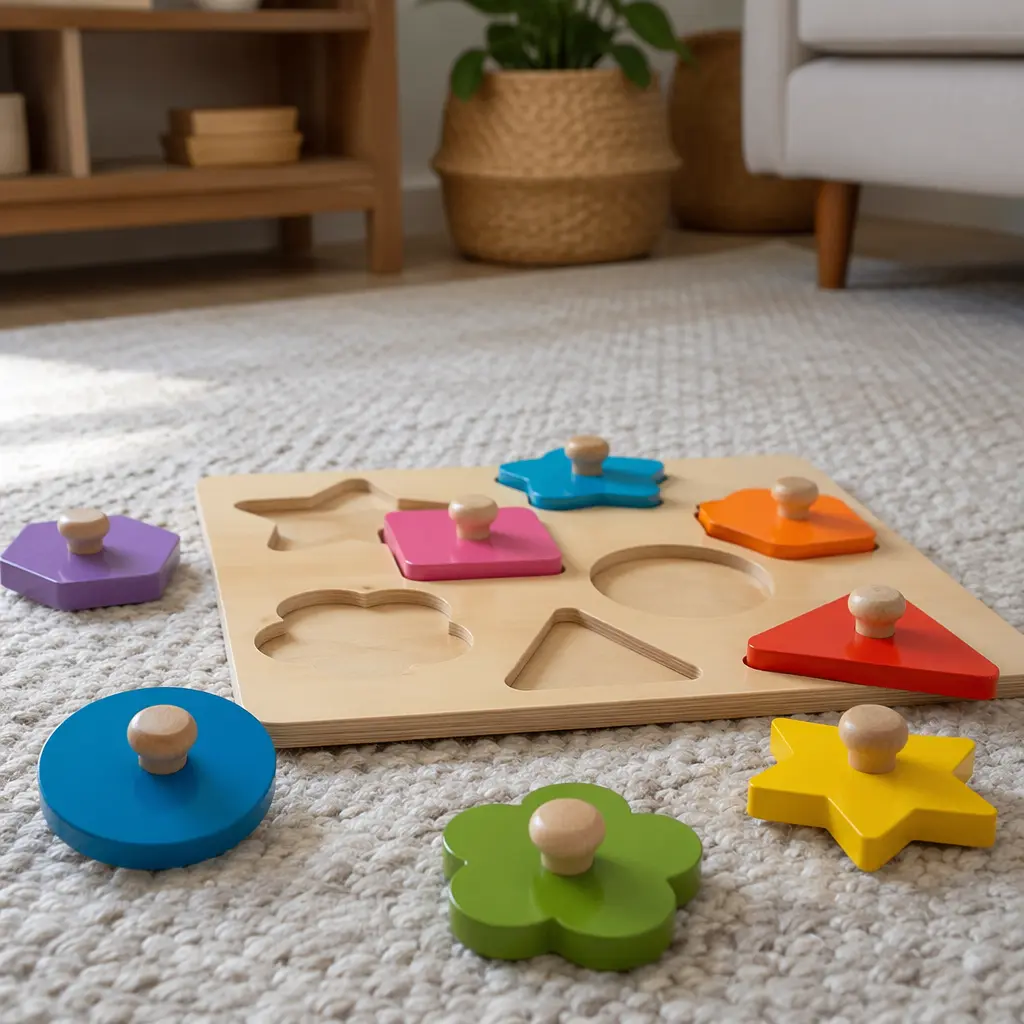 Large peg puzzle pieces on a rug, designed for floor play