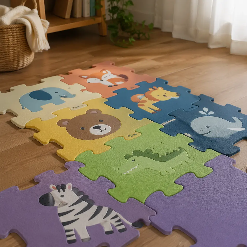 Large foam floor puzzle pieces arranged on a wooden floor