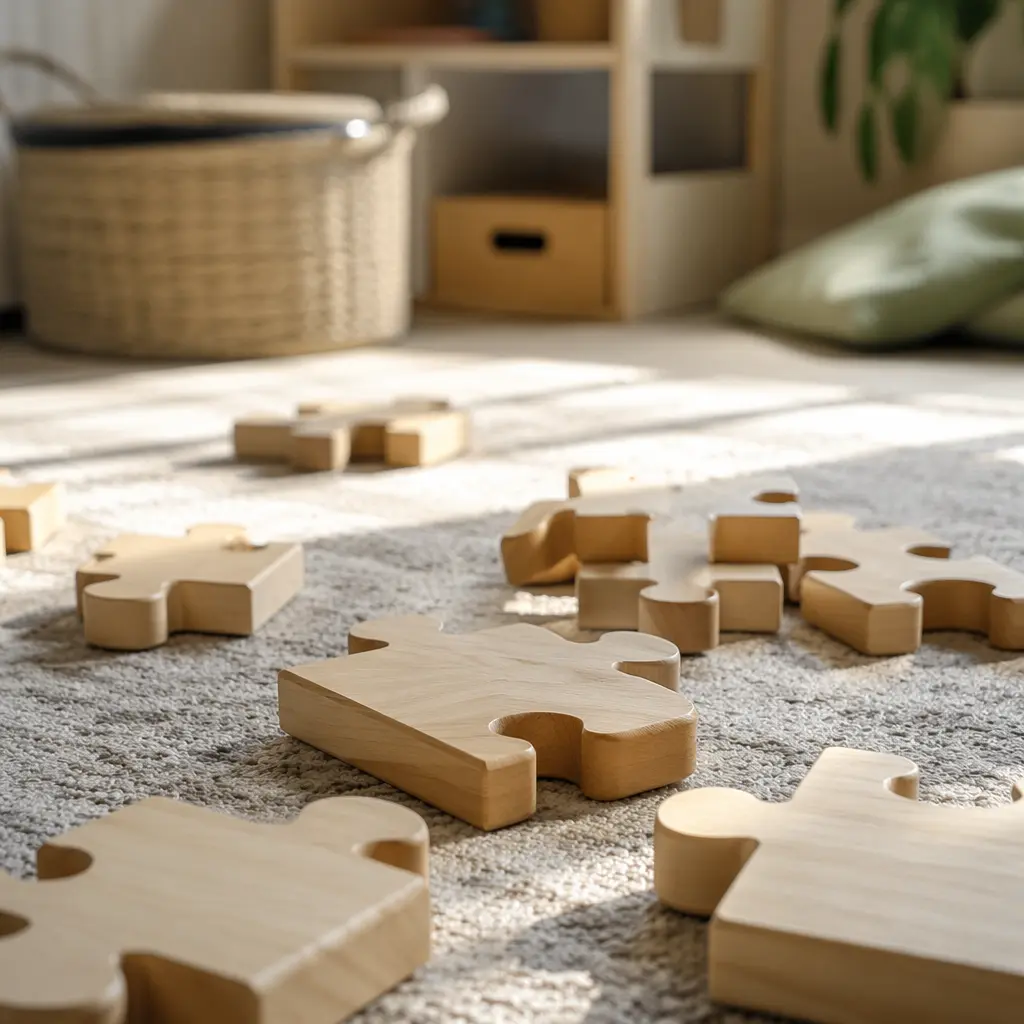 Chunky wooden puzzle pieces on a playroom floor in soft natural light