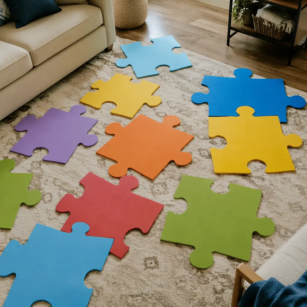 Oversized puzzle pieces scattered across a living room floor