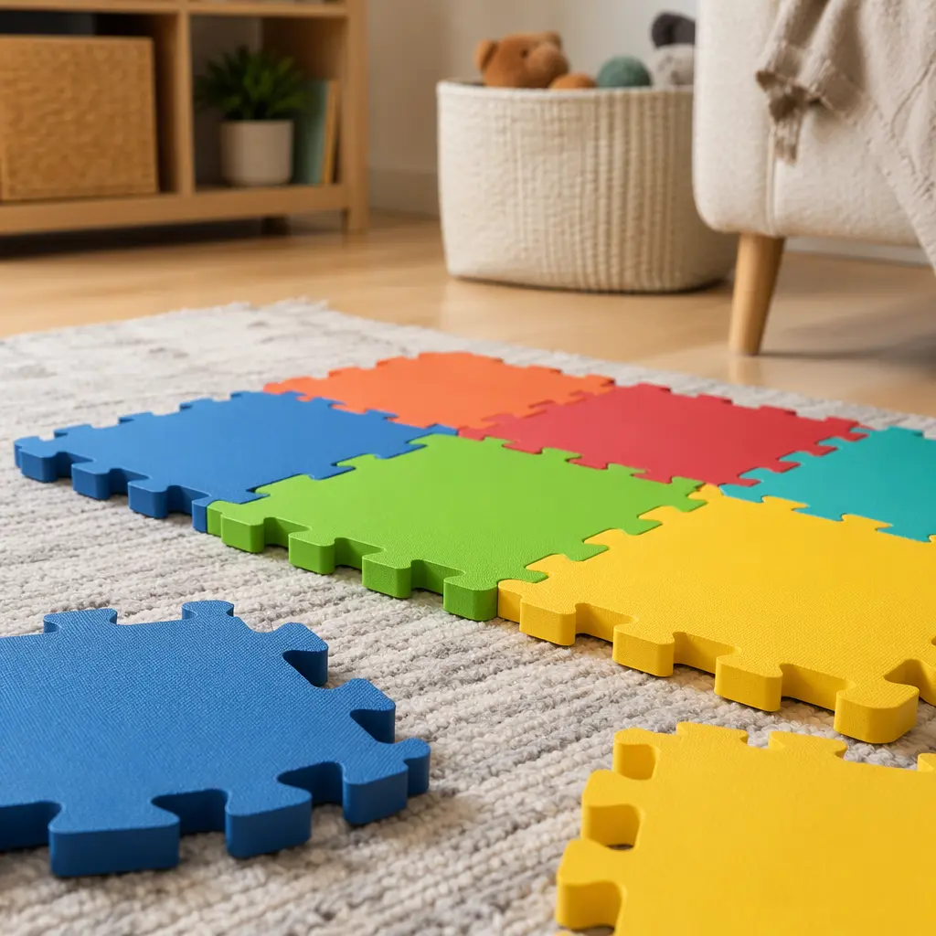 Partially assembled foam floor puzzle on a rug
