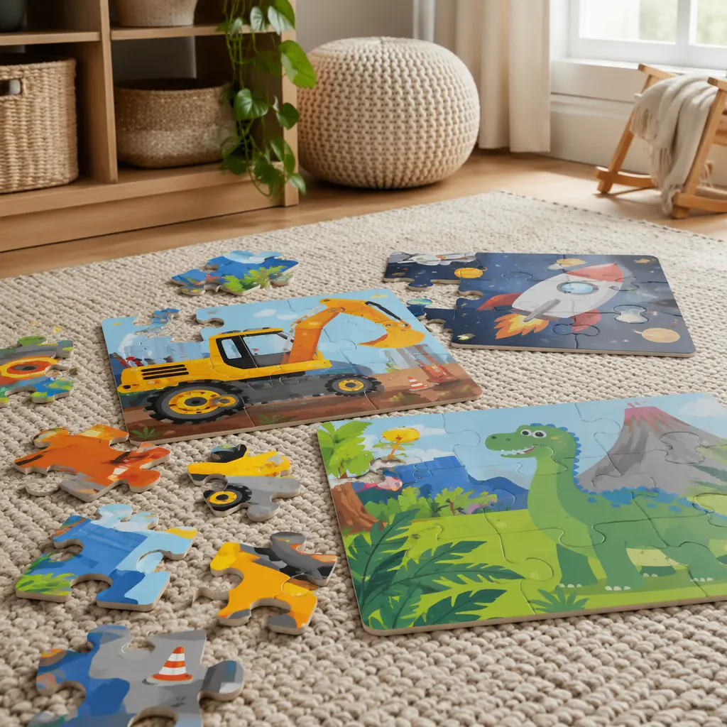 Large chunky floor puzzles laid out on a playroom rug in soft natural light