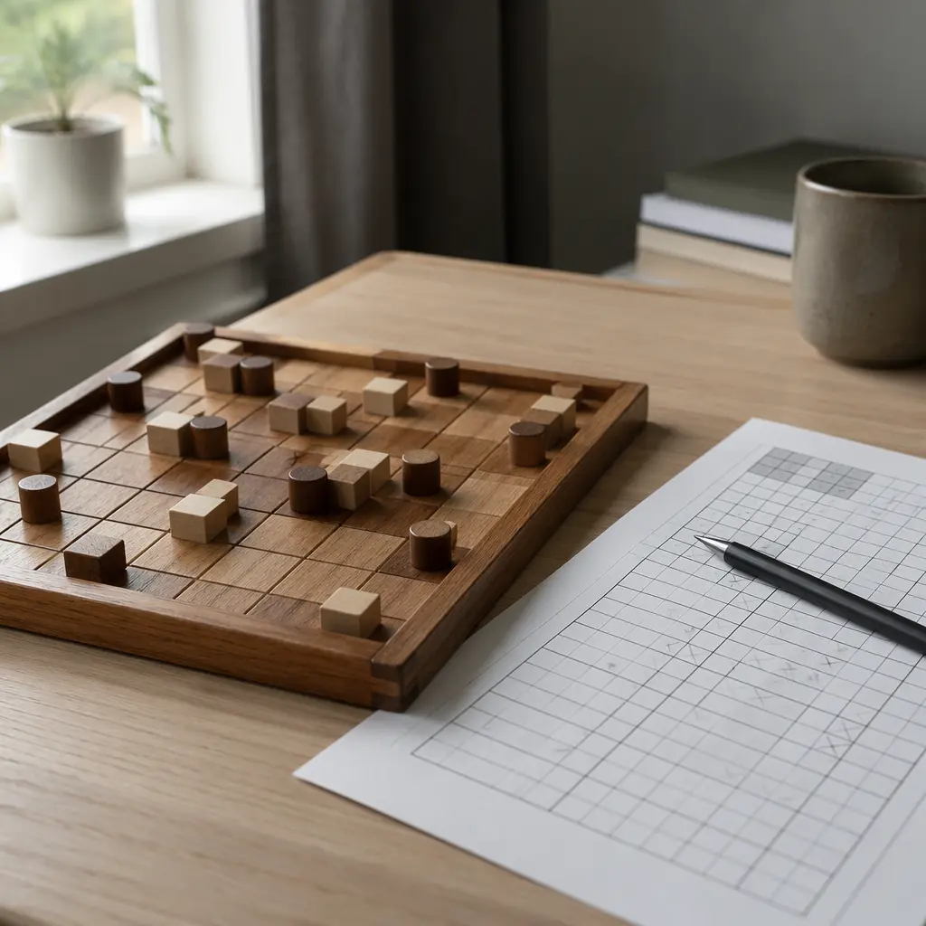 Close-up of quiet puzzle materials arranged for focused solo play