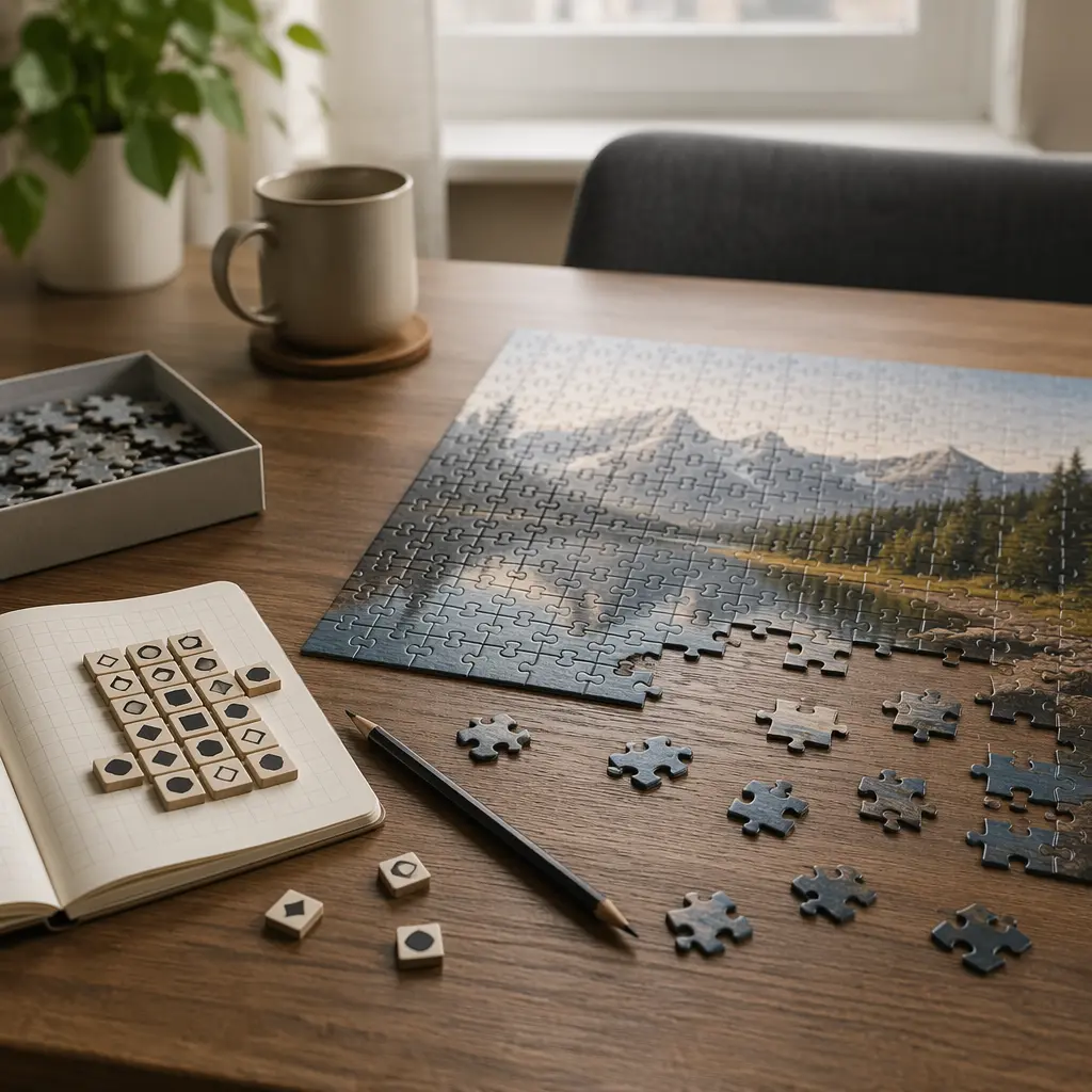 Quiet tabletop puzzle setup designed for calm, focused solo play