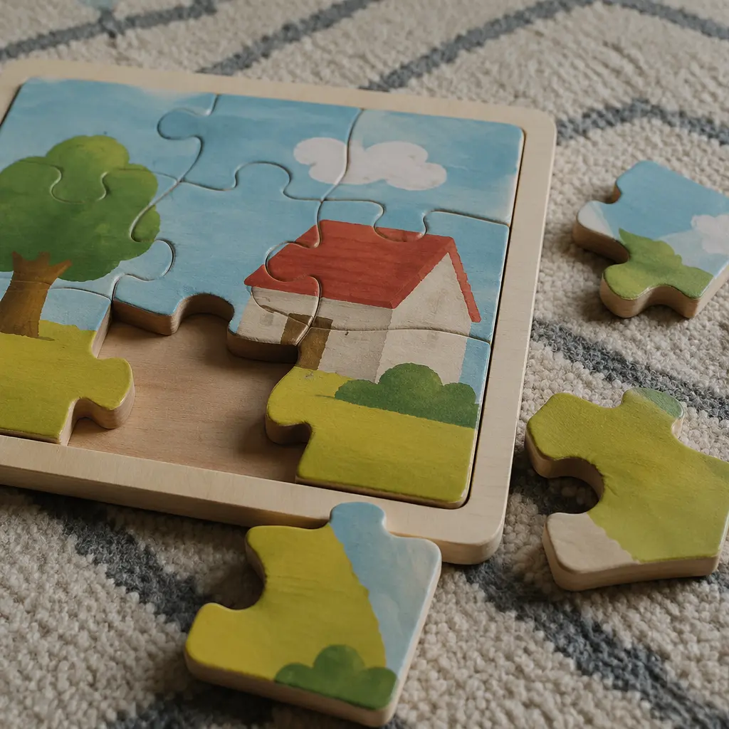 Thick puzzle pieces and a simple board designed for toddler play
