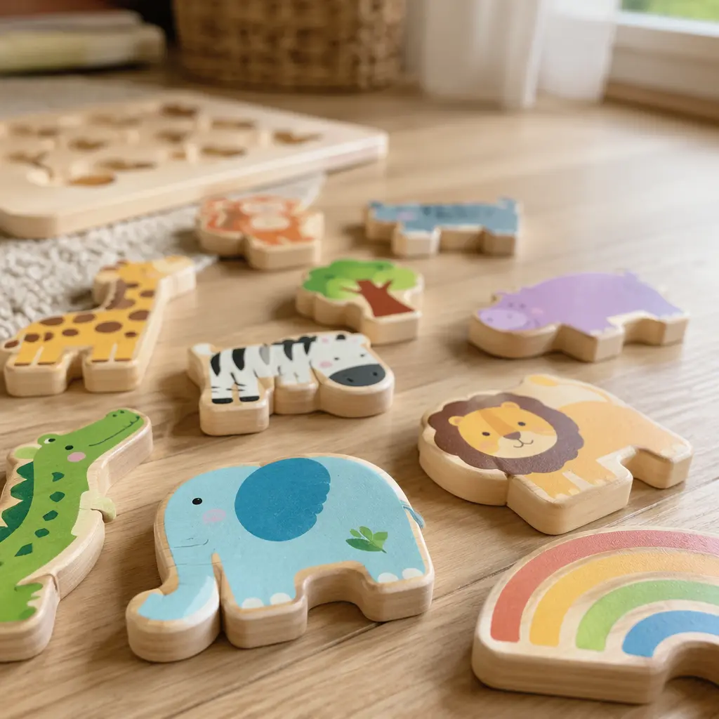 Chunky wooden puzzle pieces scattered on a floor, designed for toddlers