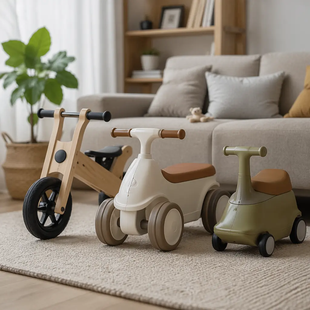Assorted toddler ride-on toys in a bright living room