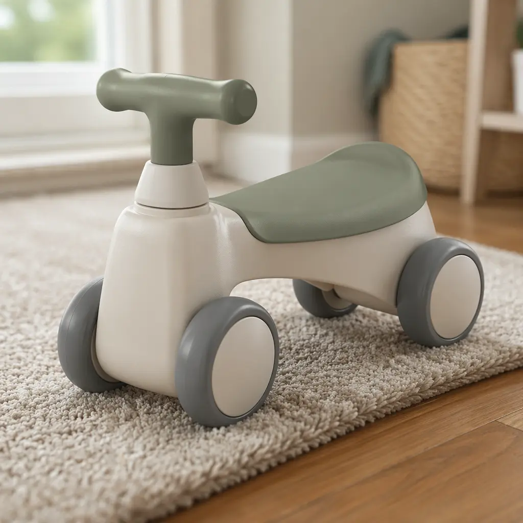 Ride-on toy wheels shown on both carpet and hardwood floors