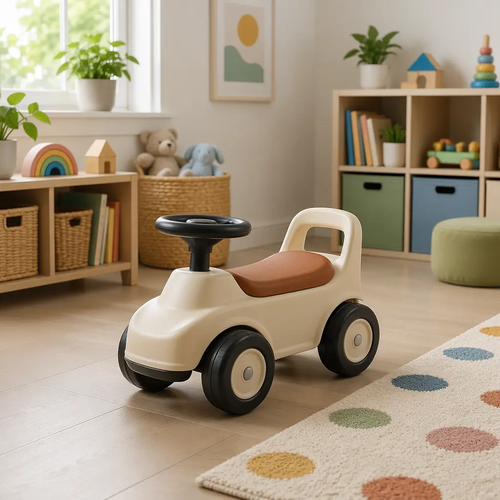 Indoor playroom setup with a ride-on toy and mixed flooring