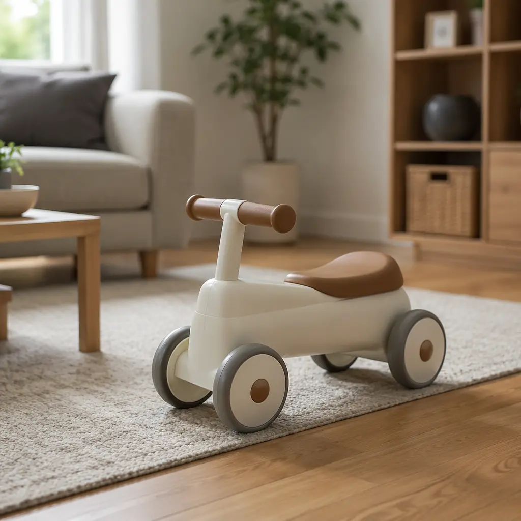 A toddler ride-on toy positioned on carpet and hardwood floors indoors
