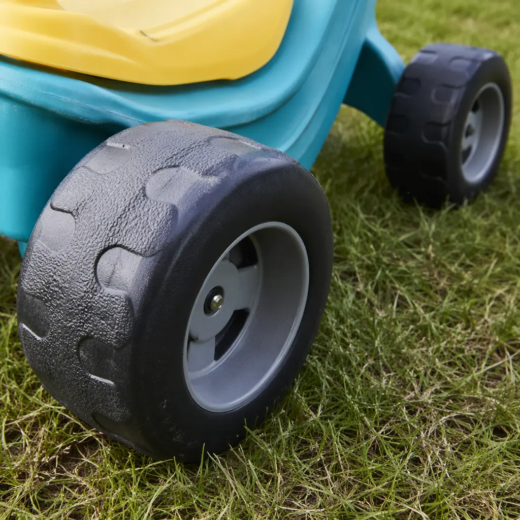 Wide textured wheels of a ride-on toy on grass