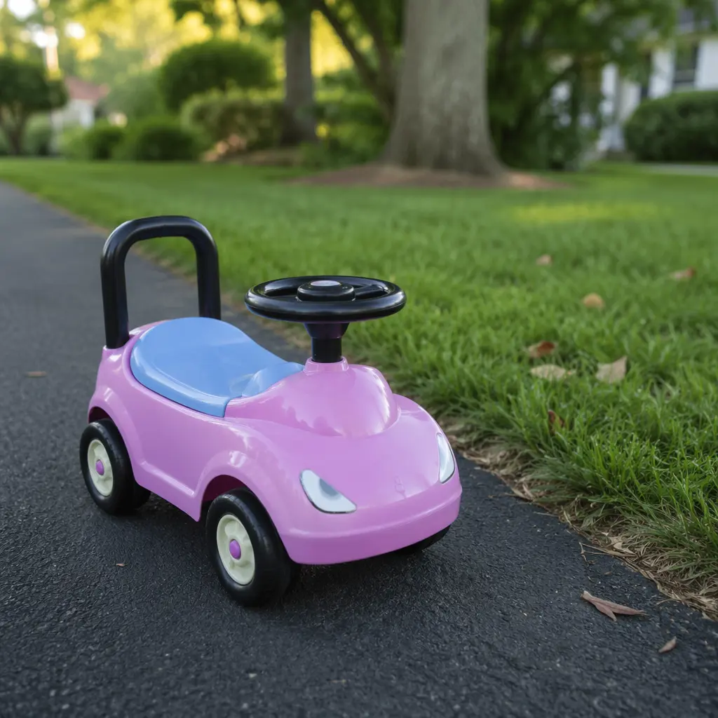 A ride-on toy on pavement beside grass