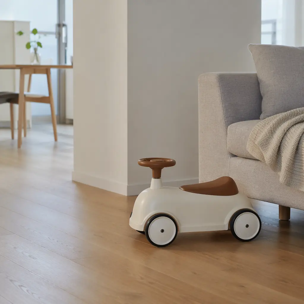 A small ride-on toy sized for apartment living placed near a sofa