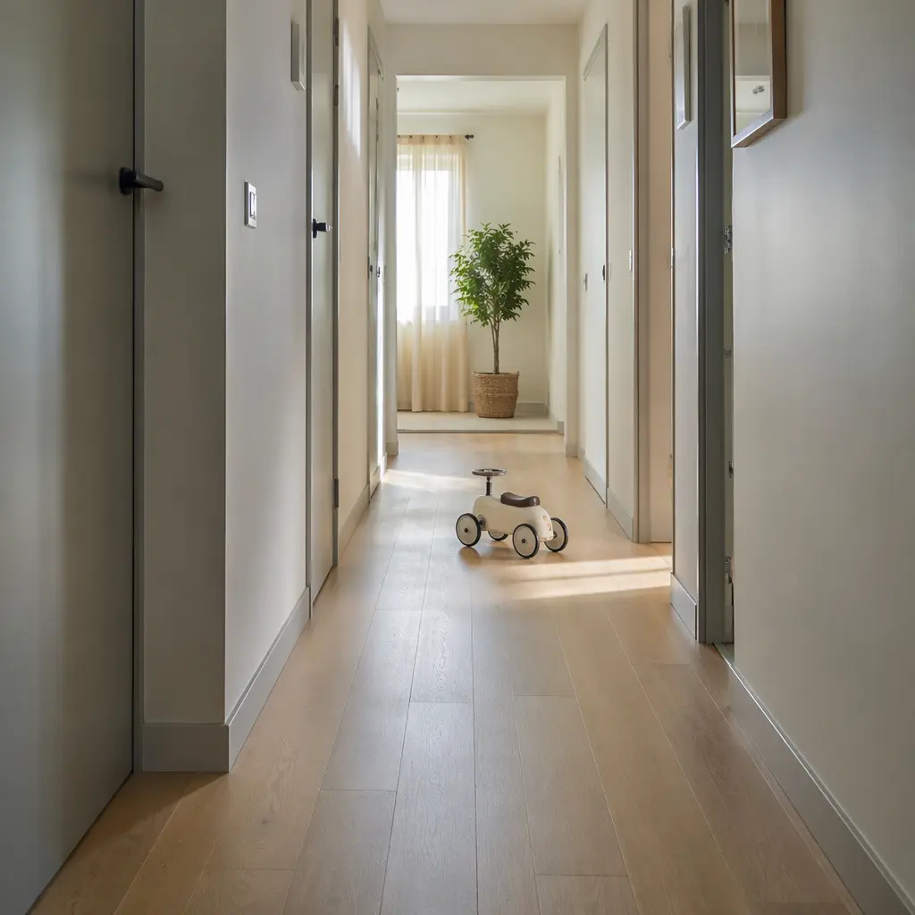A clear apartment hallway set up for a toddler ride-on toy