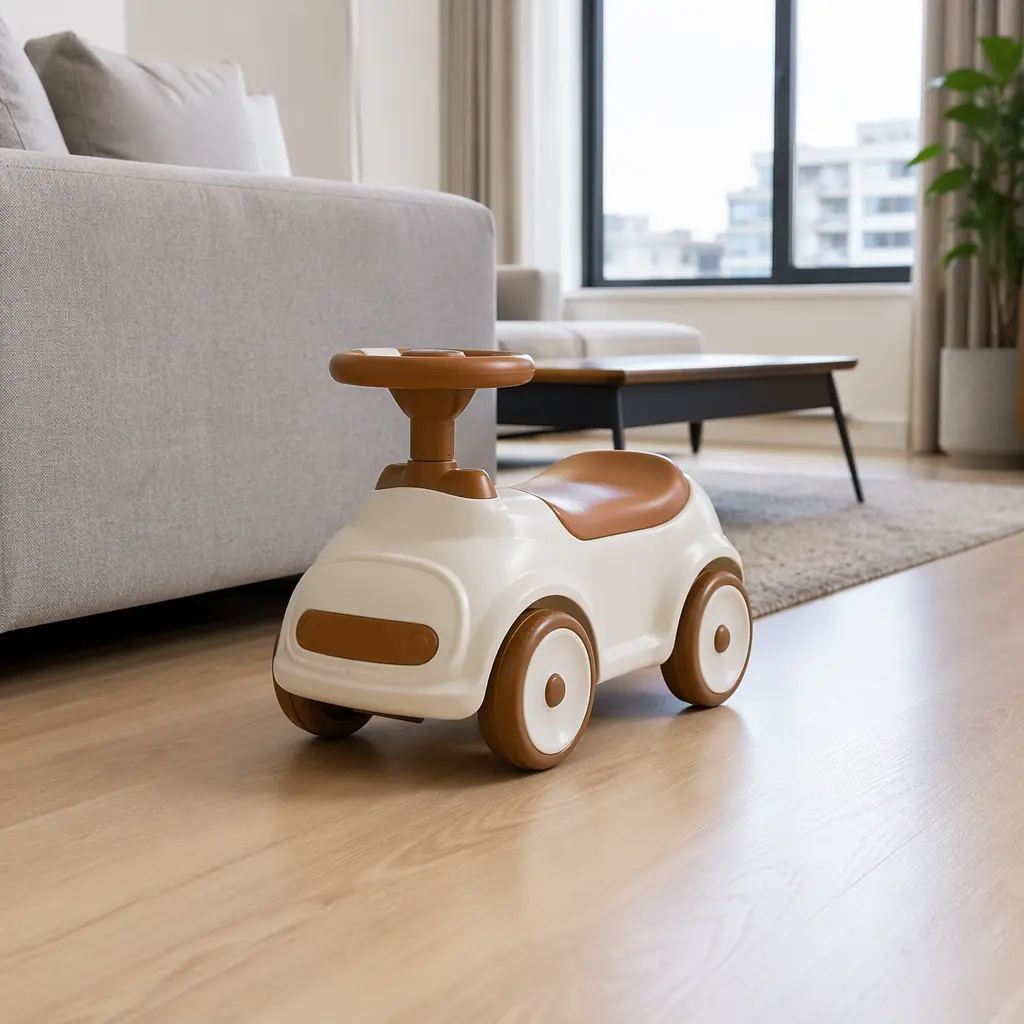 A compact toddler ride-on toy in a bright apartment living room