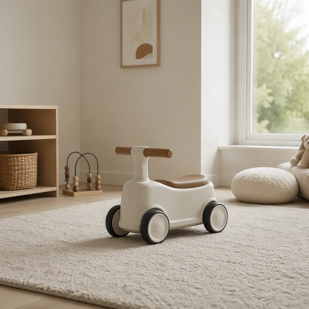 Toddler ride-on toy in a minimalist indoor play area