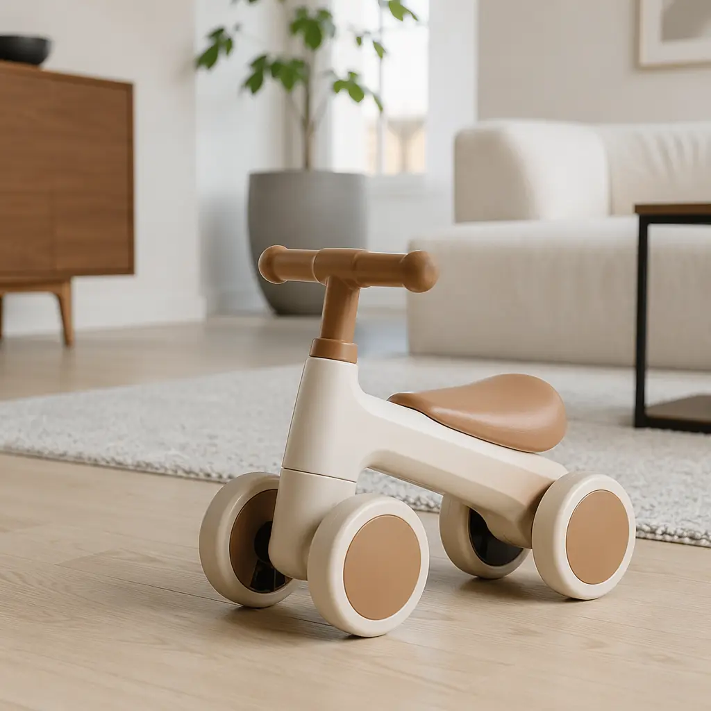 Compact toddler ride-on toy placed in a small apartment living room