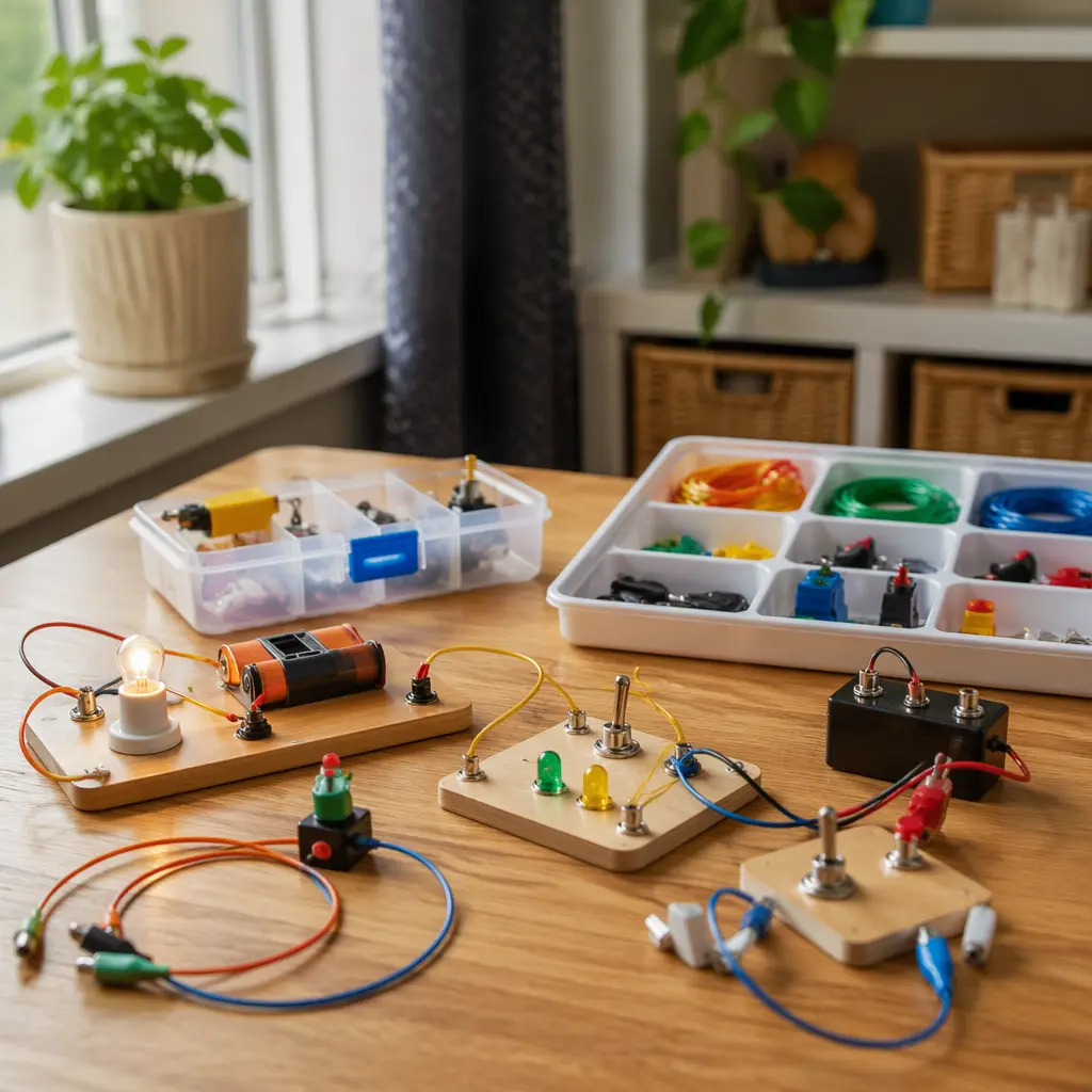 Screen-free electronics learning toys arranged on a table