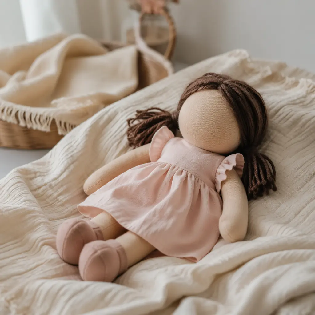 Soft faceless cloth doll on a neutral blanket in gentle natural light