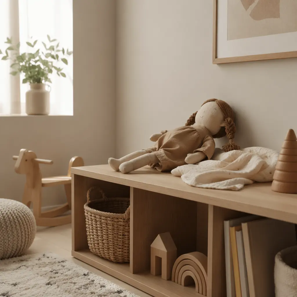 A simple cloth doll displayed on a low shelf in a calm toddler playroom