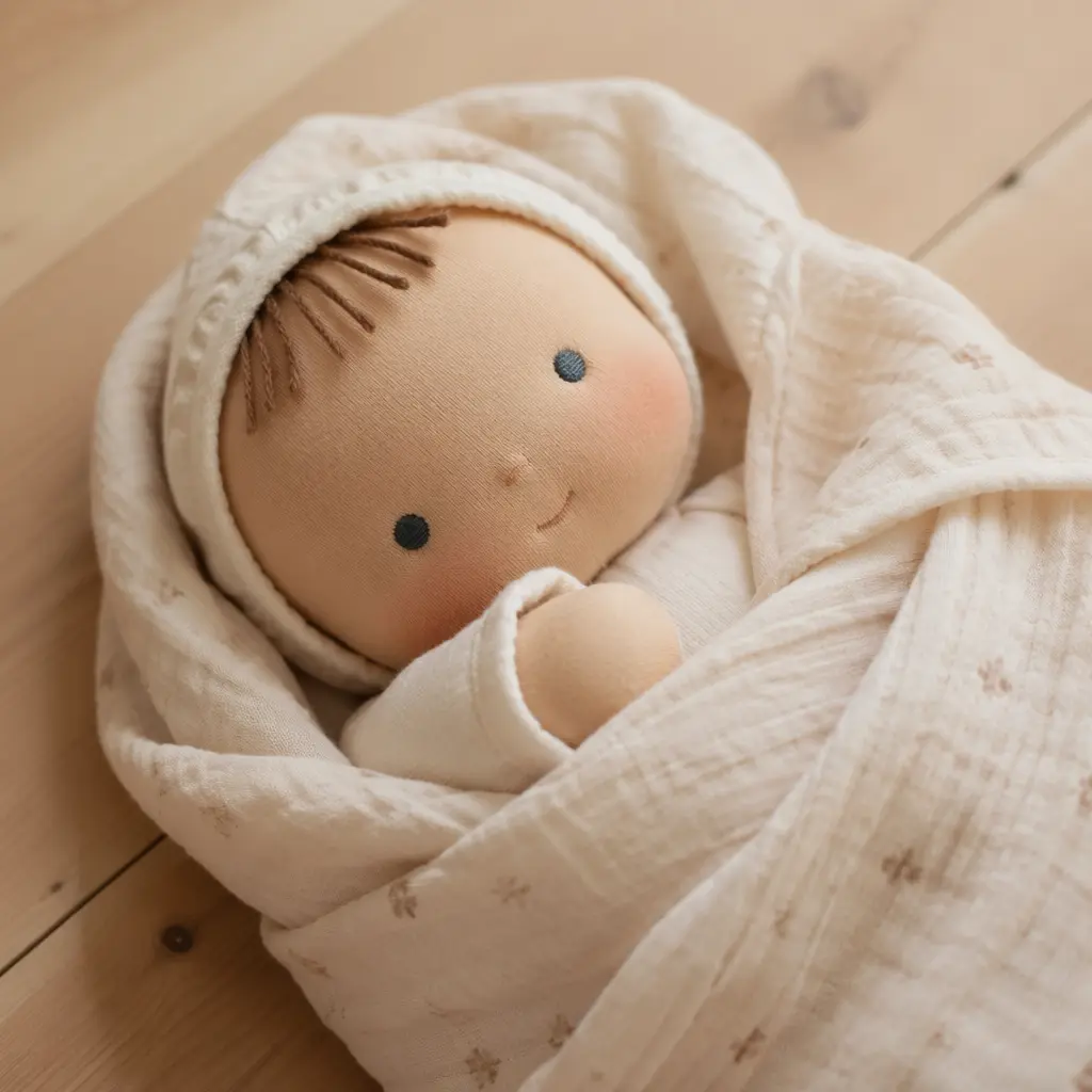 A soft doll wrapped in a blanket, ready for pretend nap time