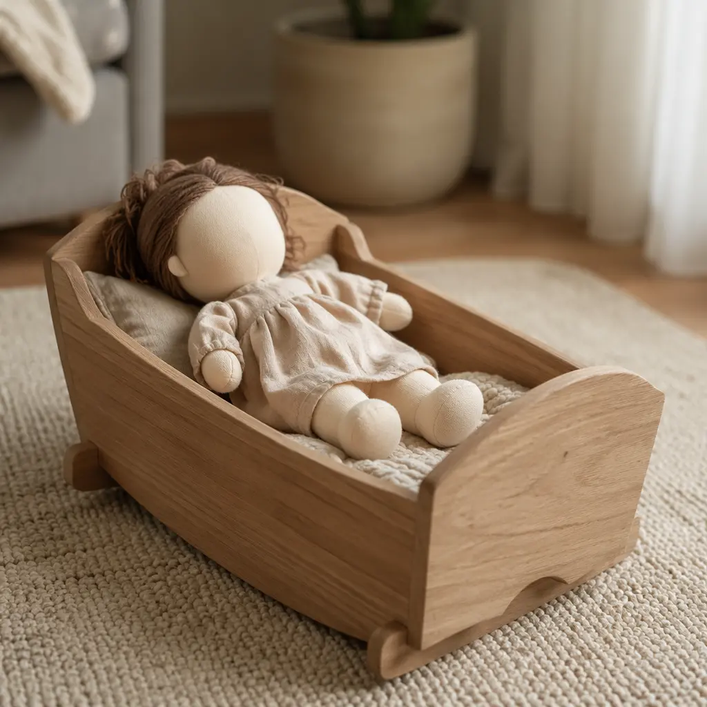 A soft, simple doll in a wooden cradle in a calm, modern play space