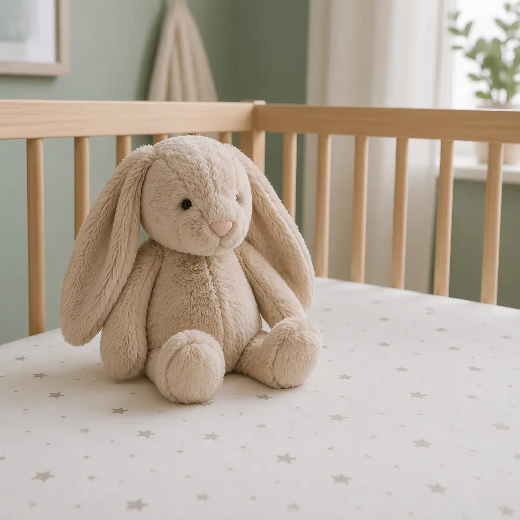 A soft plush toy placed on a crib mattress in natural light