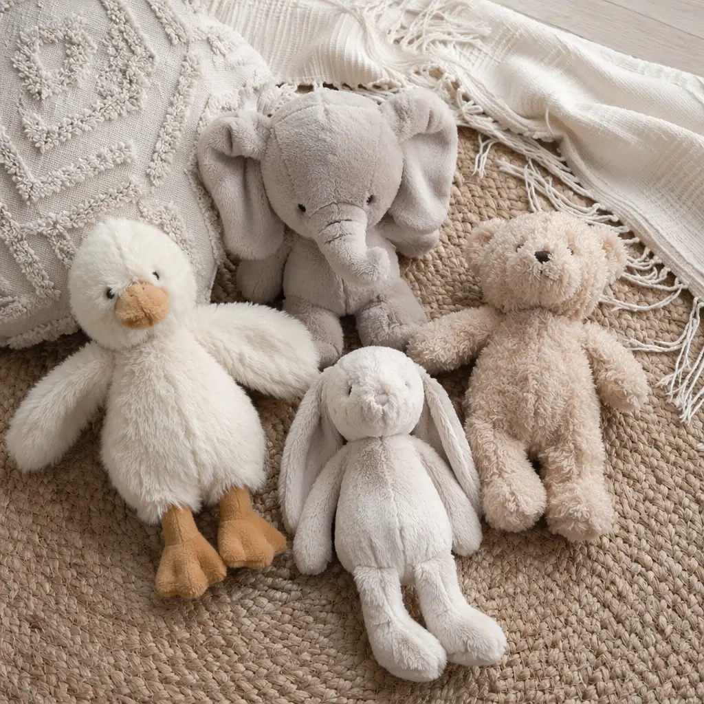 Plush toys with varied textures displayed on a rug in soft light