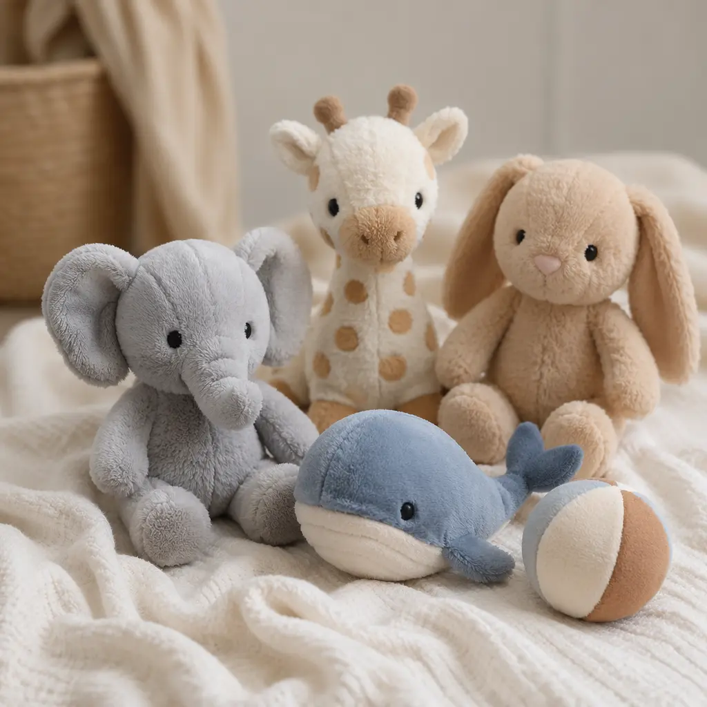 Simple plush toys arranged on a soft blanket in gentle natural light