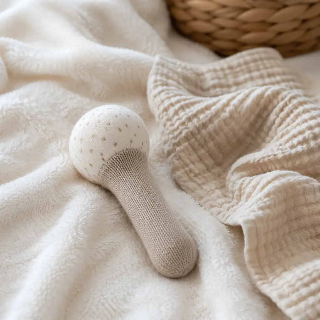Close-up of textured fabric sensory toys suitable for newborns.