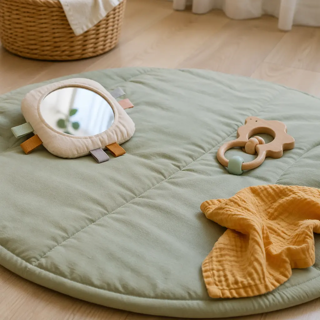 Battery-free sensory toys arranged on a baby play mat.