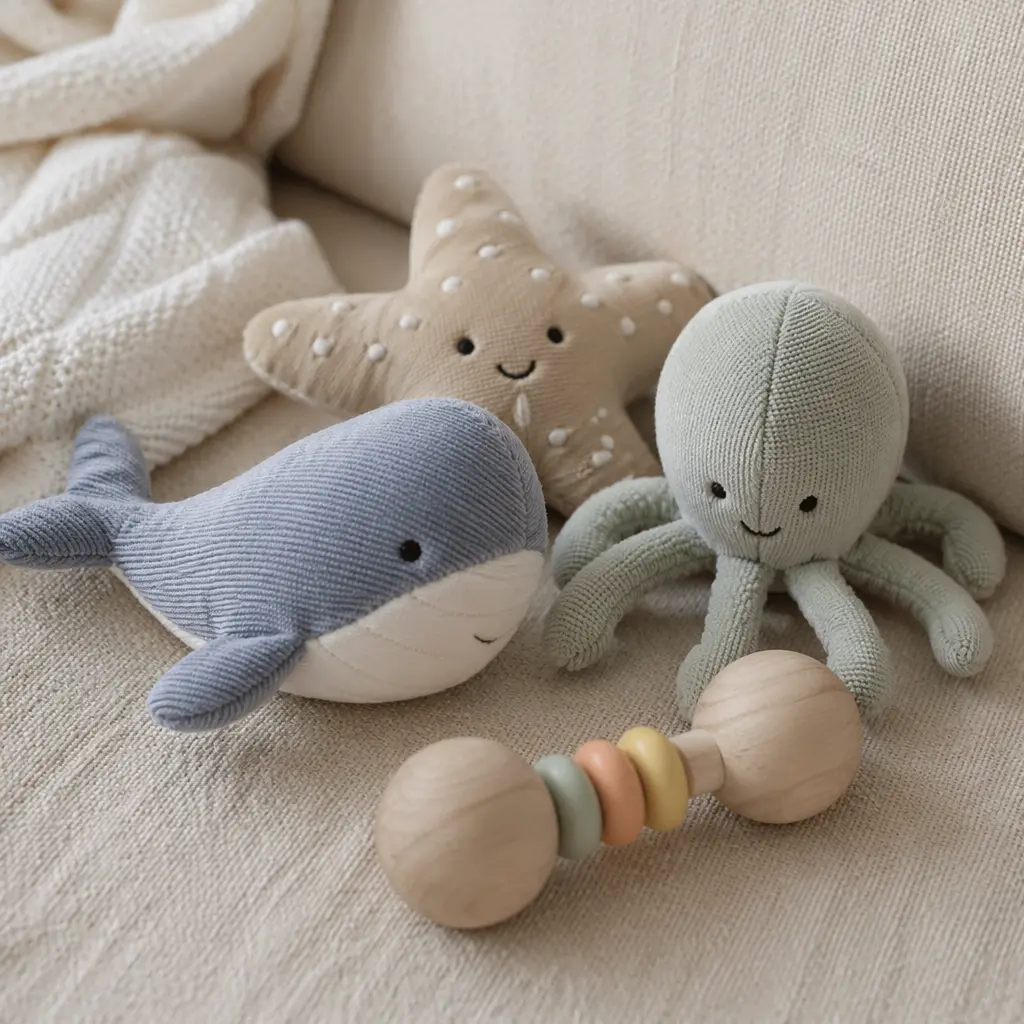 Soft fabric toys and rattles suitable for babies under six months