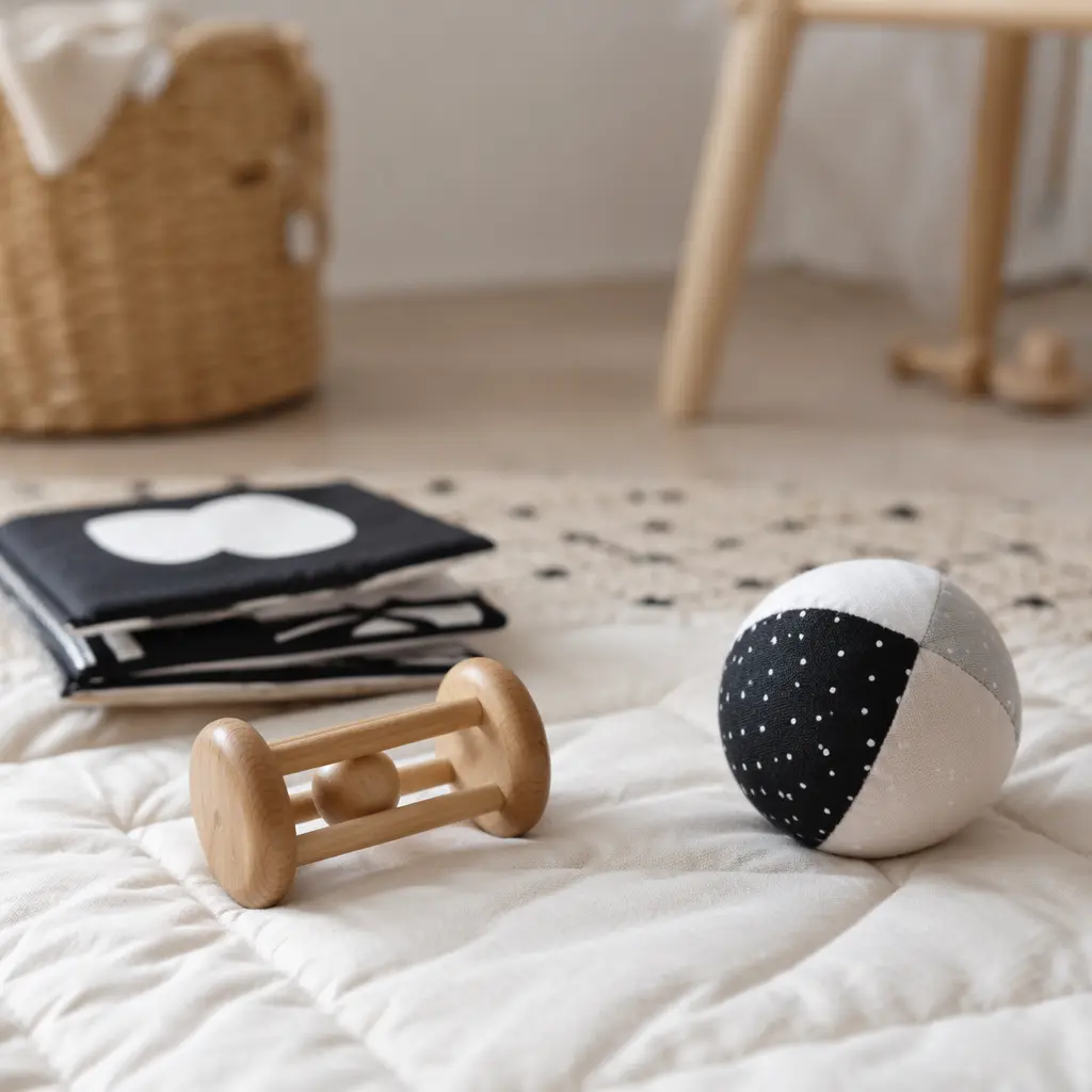 Simple classic toys for babies arranged on a soft play mat