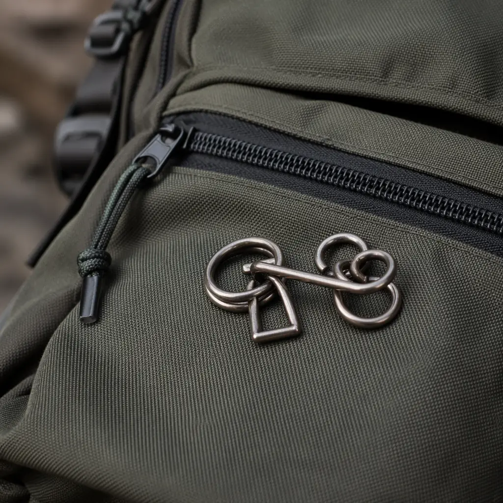 A compact metal logic puzzle sized to fit easily in a backpack.