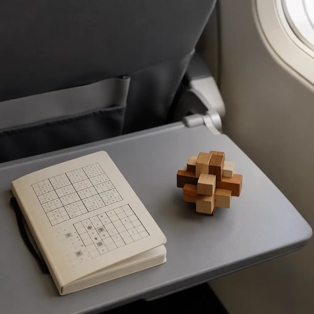Travel-sized logic puzzles placed on an airplane tray table.