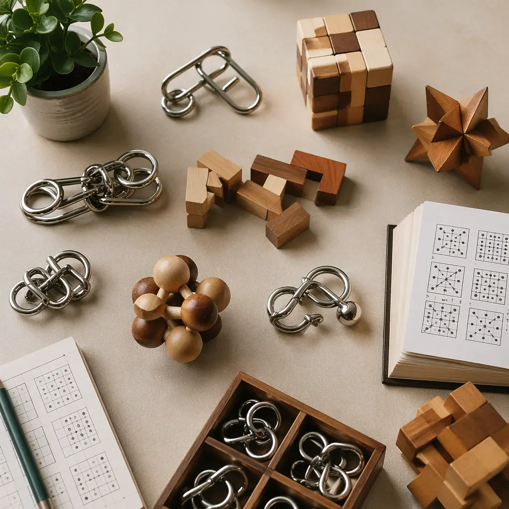 Assorted compact logic puzzles arranged on a desk for travel-friendly play.