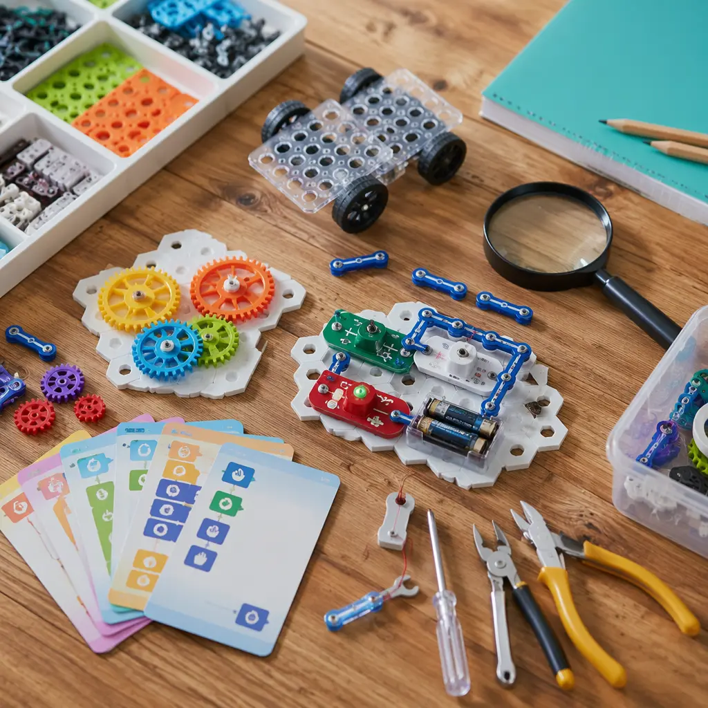 Assorted affordable STEM toy components arranged on a table
