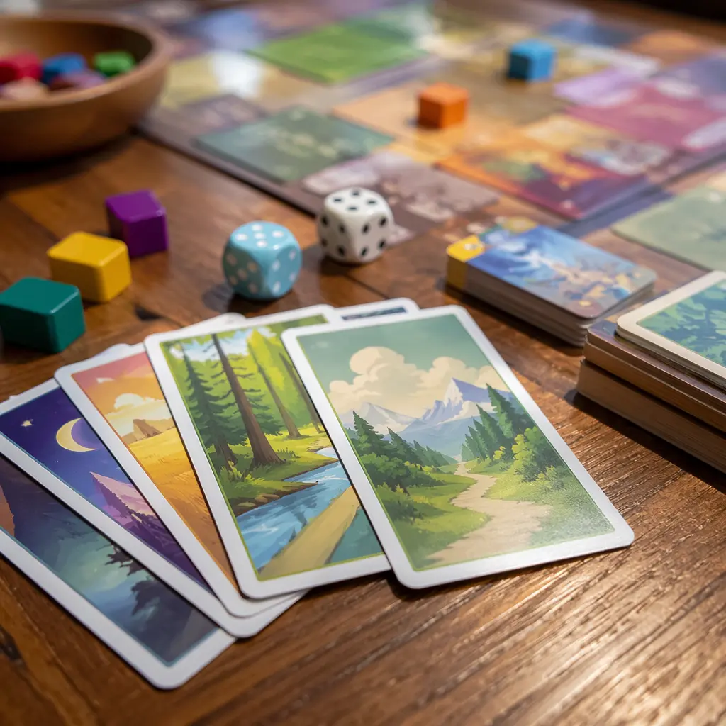 Board game cards, dice, and tokens in a bright tabletop setup