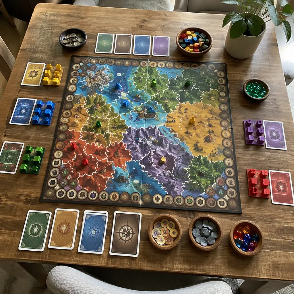 Overhead view of a screen-free board game set up on a table