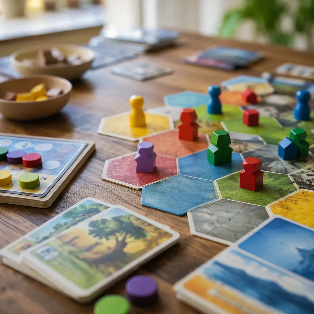 Colorful screen-free board game pieces arranged on a table