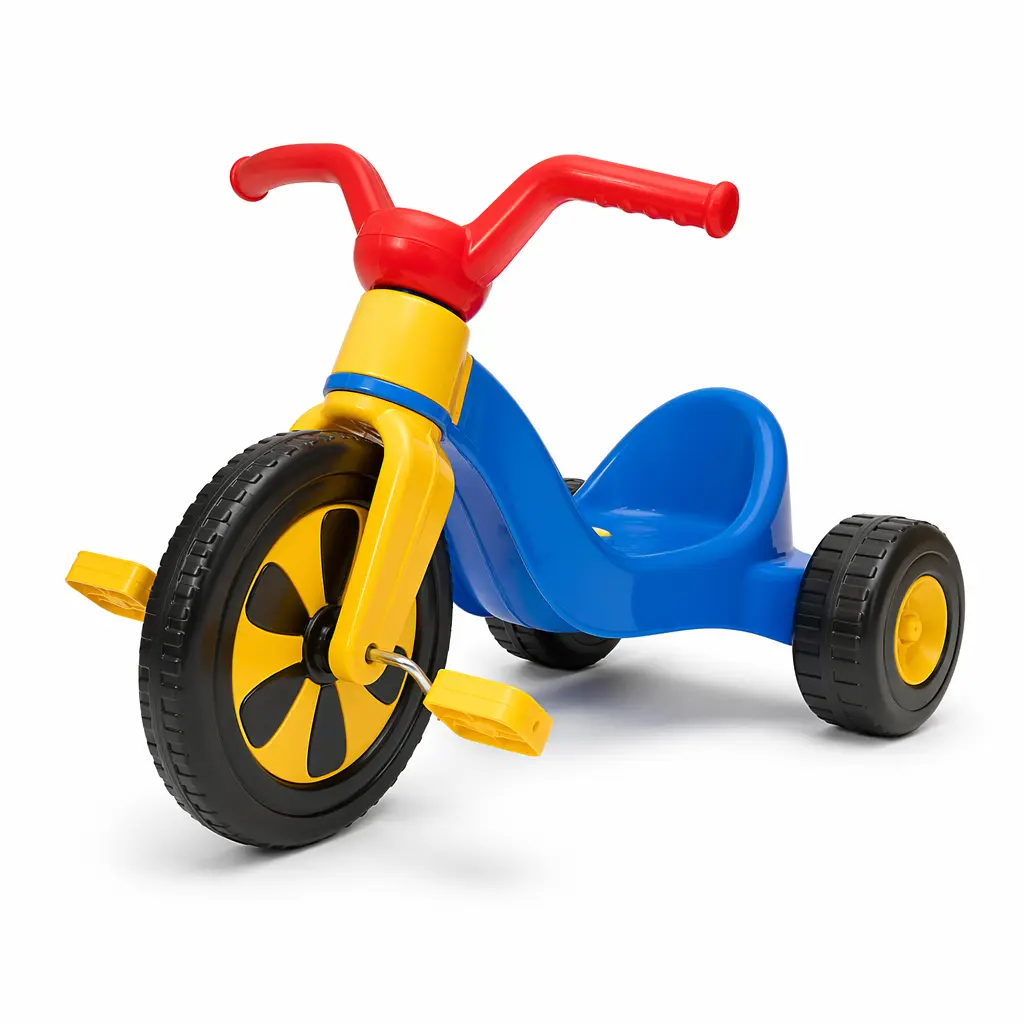 A low plastic tricycle with a large front wheel and small rear wheels, photographed in a studio.