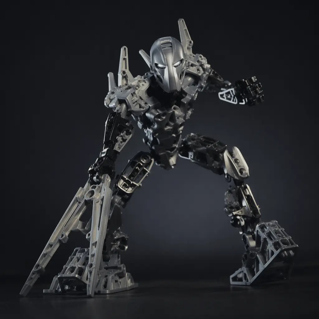 A generic biomechanical construction figure posed dramatically in a studio setting