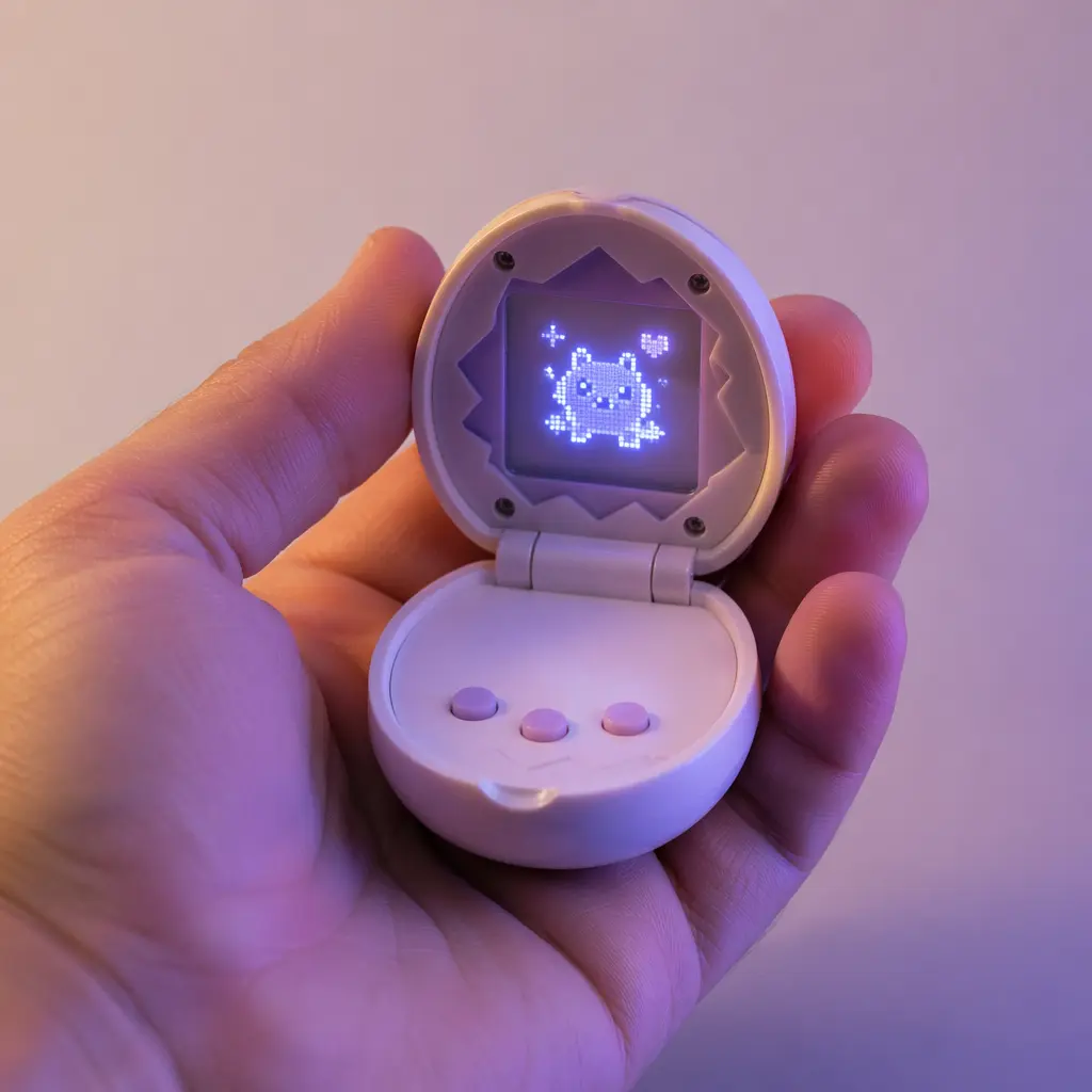A handheld electronic pet toy with a glowing pixel-style creature inside