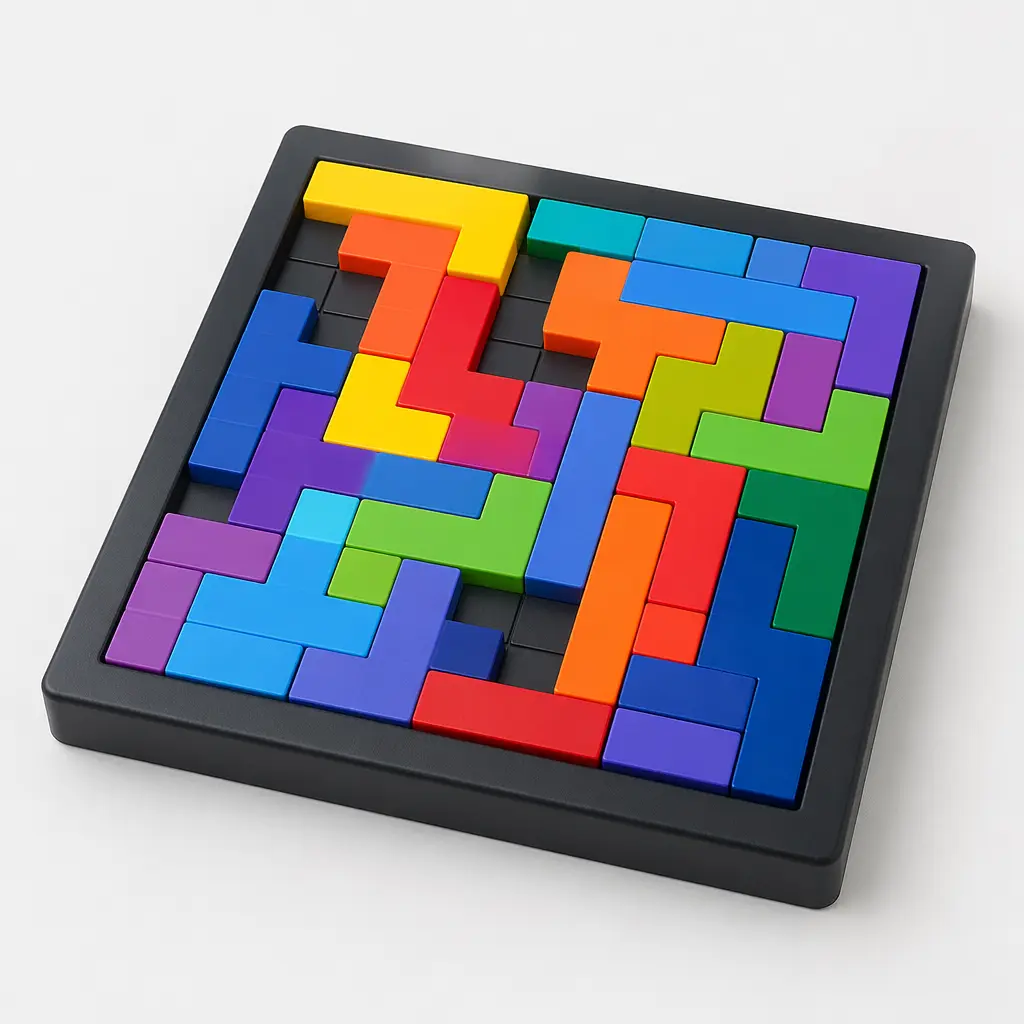 A modern abstract strategy board game with bright geometric pieces laid out on a grid board