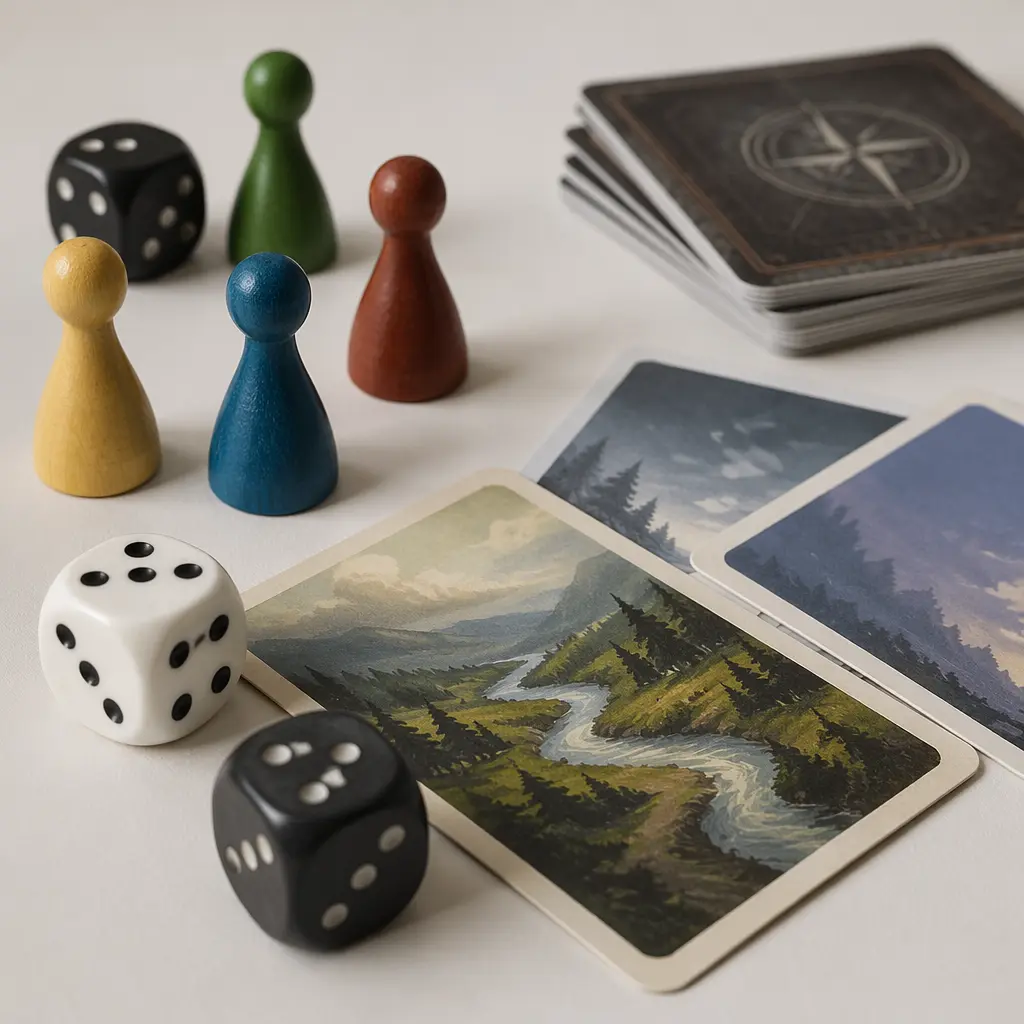 Simple board game components laid out on a tabletop