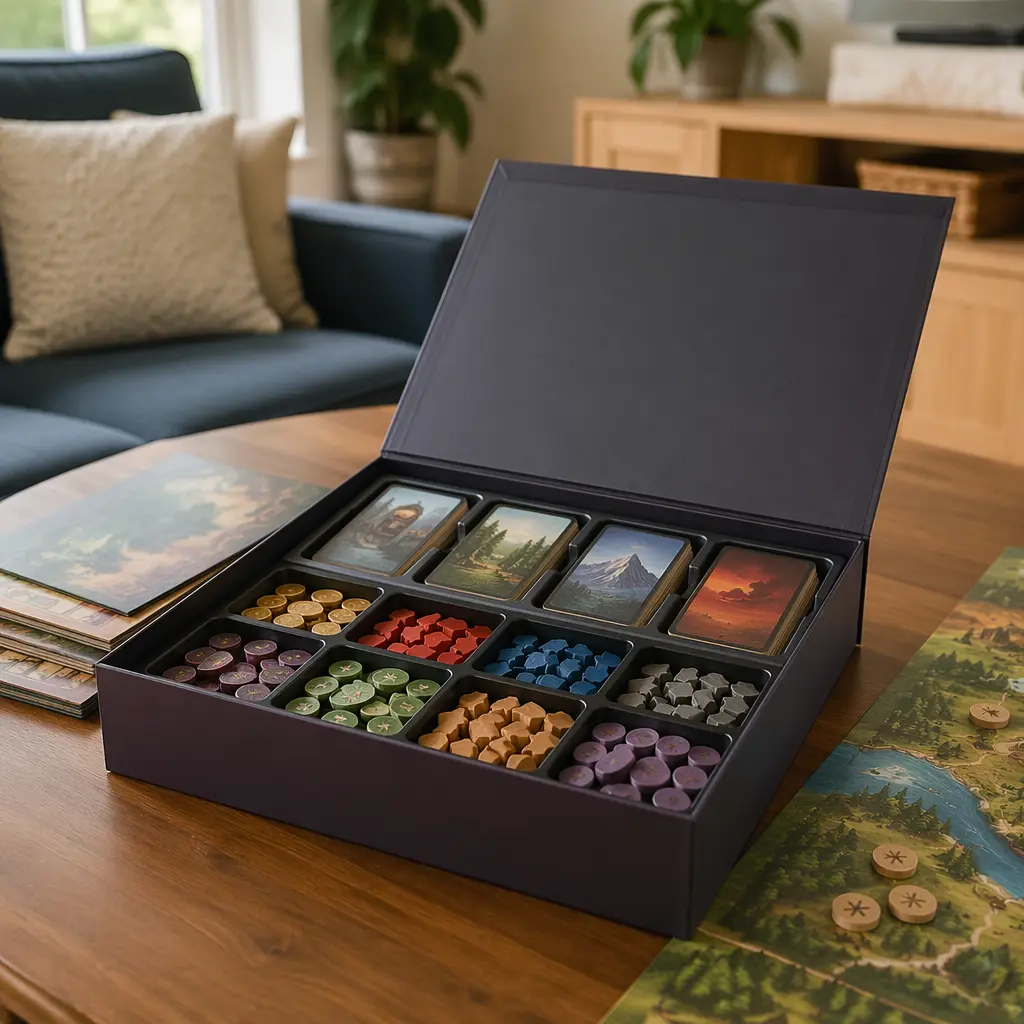 Open board game box with organized pieces on a table