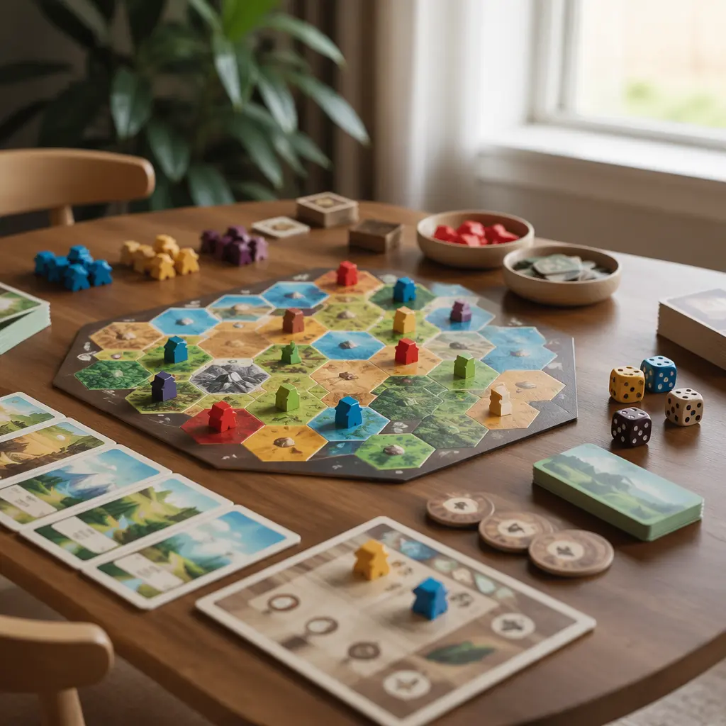 Colorful board game pieces arranged on a table in soft natural light