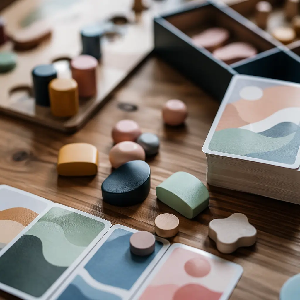 Close-up of abstract board game pieces and cards