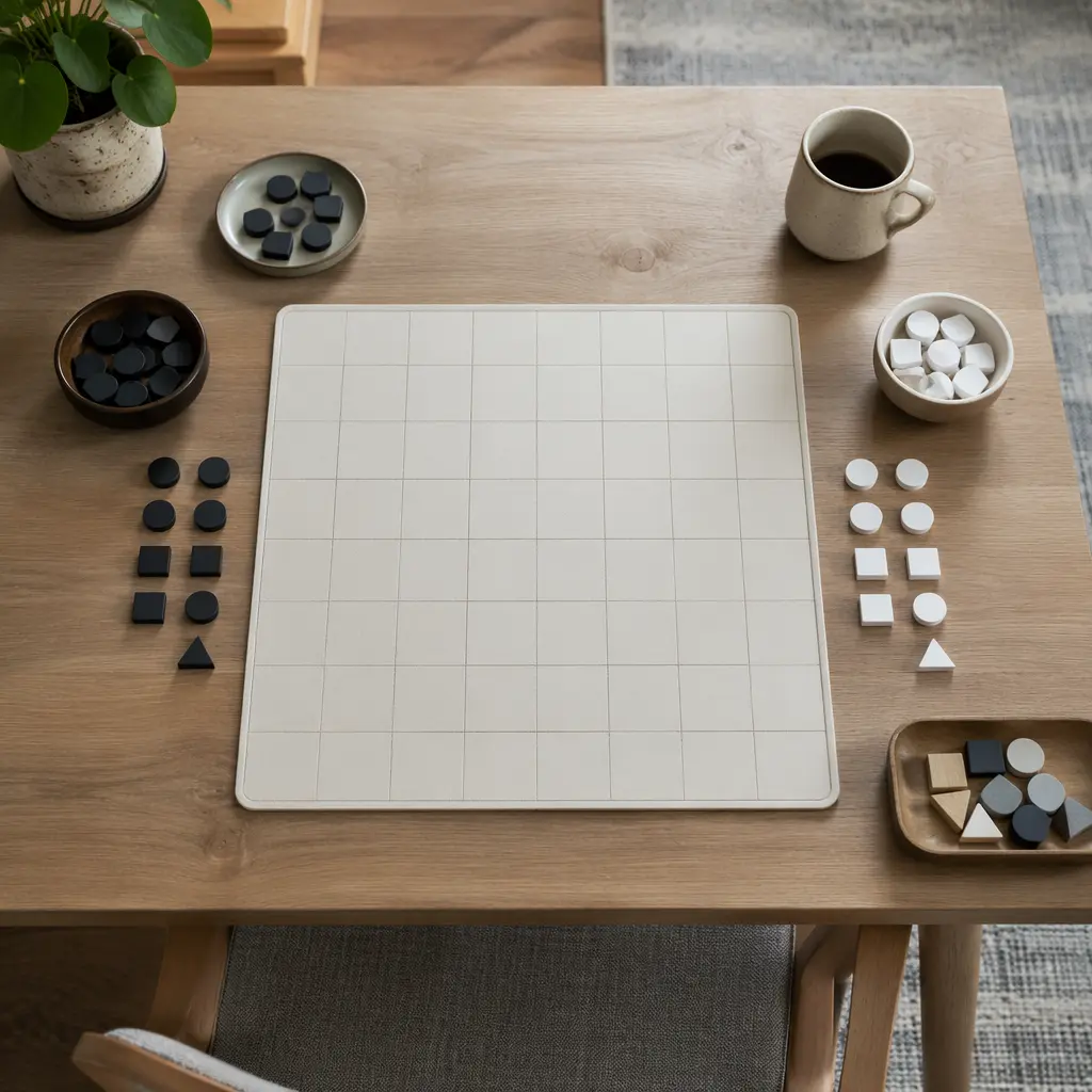 Overhead view of a minimalist board game setup